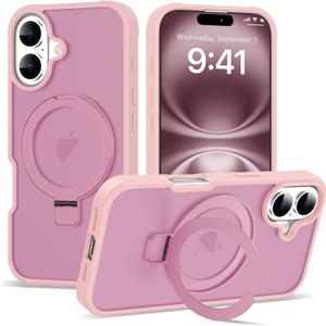 for iPhone 16 Case with Invisible Ring Stand [Military Drop Protection] [Compatible with Mag-Safe] Matte Translucent Back Anti-Slip Shockproof Phone Cover 6.1 Inch 2024-Pink