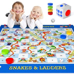 Big Snake and Ladder Board Game for Kids Adults - Indoor Outdoor Floor Game Set with 5.8 ft Playing Mat, Inflatable Dice, Pieces & Dice, Educational Toy Birthday Gift for Boys Girls Ages 3 and Up