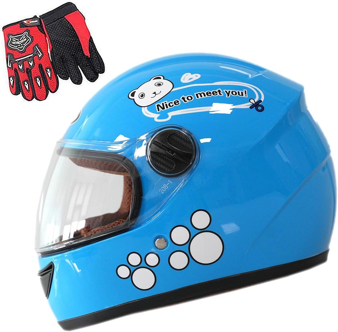 Kids Motorcycle Helmet with Panda Design and Racing Gloves Set, DOT Certification (Blue)