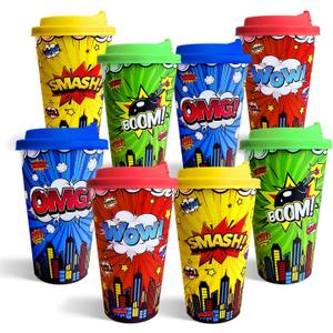 24 Pack Hero Themed Party Cups with Lids - 16oz Reusable Plastic Tumblers for Kids Birthday, Red Blue Yellow Green Drinking Cups for Comic Hero Party Decorartions Favors Supplies