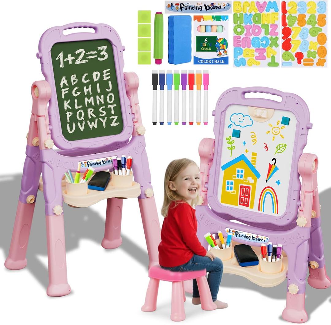 Easel for Kids Age 2-4 Toddlers Art Chalkboard and White Board Double Side with Chair Height Adjustable Drawing Writing Learning Toy for Age 2 3 4 5 Year Boys Girl Educational Birthday Gifts