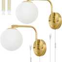 VATONI Dimmable Wall Sconces Plug in, Swing Arm Wall Lights with Plug in Cord and Dimmer On/Off Knob Switch, Dimmable Wall Light with Milky White Glass Globe Shade(2 Bulbs Included)