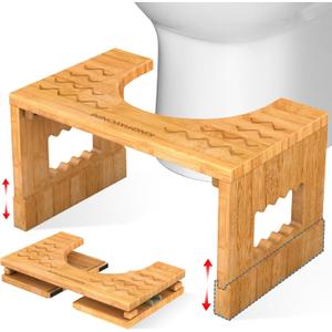 KingPavonini Bamboo Toilet Stool Squat 7in & 9in Heights Adjustable, Foldable Poop Stool for Adult, for Bathroom with Non-Slip Grooves Portable, Space-Saving, 400 lbs Capacity (Upgrade)