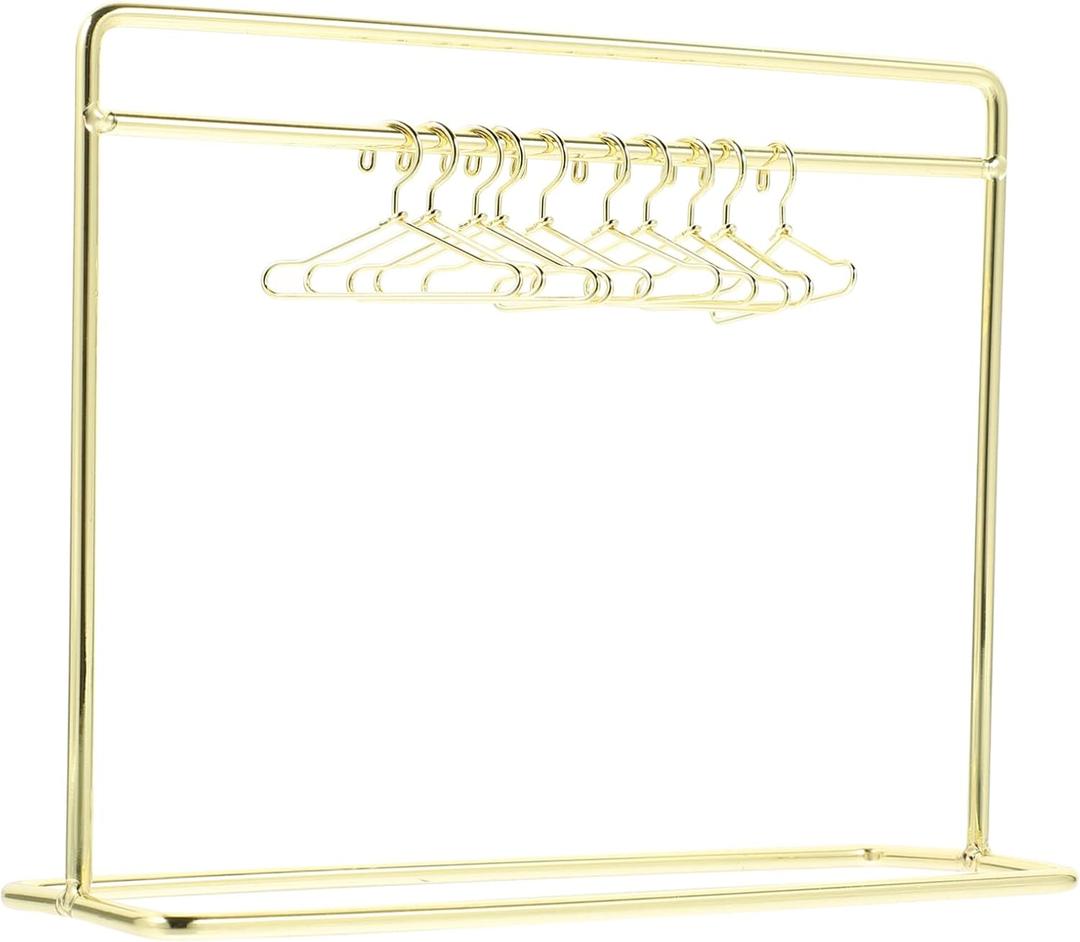 STOBOK Miniature Doll Garment Rack Set Mini Doll Dress Clothing Display Rack with 10Pcs Mini Doll Clothes Hangers Doll House Furniture Accessories for Dollhouse Supplies, Golden