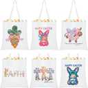 6 Pcs Easter Tote Bags with Handles 13.78 x 13.39 Inch Canvas Brushstroke Bunny Large Easter Gift Bags for Adults Spring Party Supplies