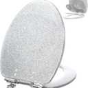 Toilet Seat Resin Elongated Silver Glitter Slow Quiet-Close Heavy Duty Decorative Acrylic Seats for Standard Toilets, Easy to Install also Easy to Clean (19 Inch, Silver Glitter, Upgraded hinge)