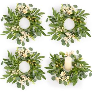 4 Pcs Green Eucalyptus Candle Rings Wreaths Spring Summer Kitchen Cabinet Wreaths Mini Green Berry Leaves Candle Wreath for Pillars Farmhouse Festival Wedding Celebrations Tabletop Decoration