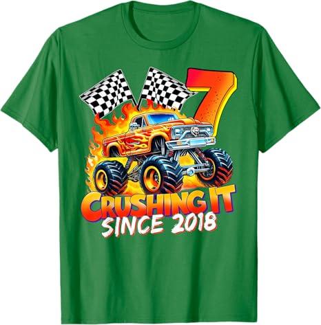 Monster Truck Birthday 7 Year Old Born 2018 7th Party Boys T-Shirt, L, Green