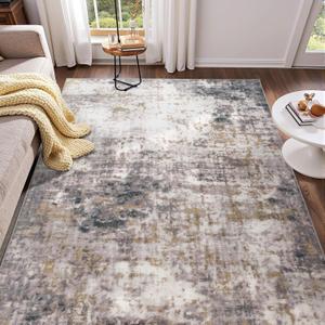 Area Rugs 4x6, Soft Washable Living Room Rugs, Non Slip Abstract Modern Rugs for Bedroom, Low Pile Stain Resistant Foldable Carpet for Dining Room Bedside Entryway Nursery Decor, Grey Gold
