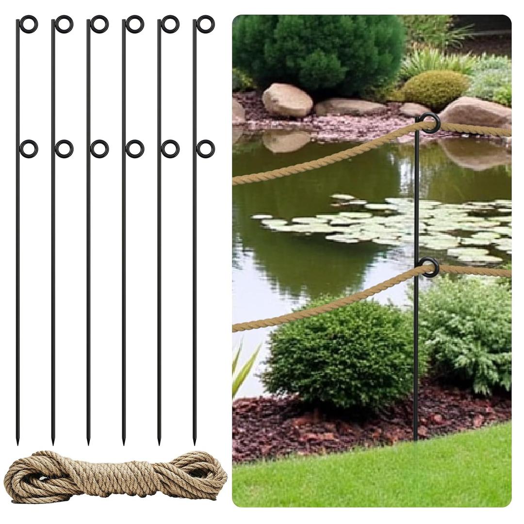 6 Packs 42" Tall Metal Rope Stakes with 50ft Jute Rope
