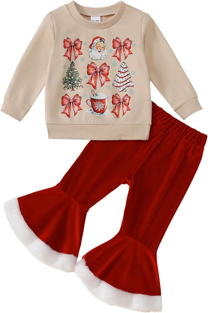 Toddler Girl Christmas Outfit Santa/Christmas Tree Sweatshirt+Velvet Bell-Bottoms Clothes (12-18 Months, Bow-red)