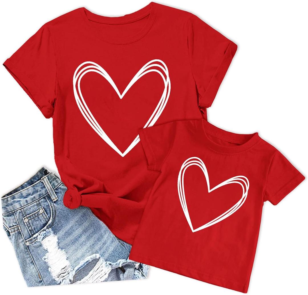 Mommy and Me Valentines Shirts Heart Graphic T-Shirt Family Matching Outfits Mom and Girls Valentine Gift Tee Tops (Red, S)