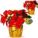 Zeyune 2 Packs Poinsettias Artificial Flowers for Outdoors 11'' Faux Artificial Flowers Bouquet with LED Vase Centerpiece Gifts for Office Home Table Garden Porch Patio Indoor Decor(Red)