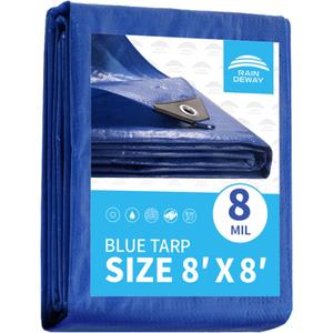 Blue Tarp 8x8 Feet 8 Mil, UV Resistant, Durable, Multipurpose Waterproof Poly Tarp Cover with Metal Grommets and Reinforced Edges by RAINDEWAY