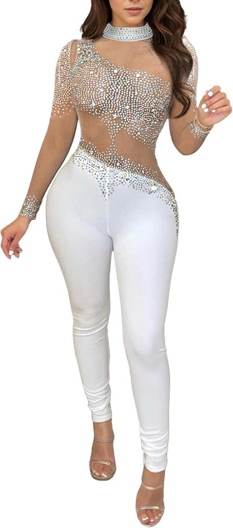 Women Sexy Embellished Rhinestone Bodycon Jumpsuit Mesh See Through Patchwork Birthday Party Night Out Clubwear (XX-Large, A 8 Beige)