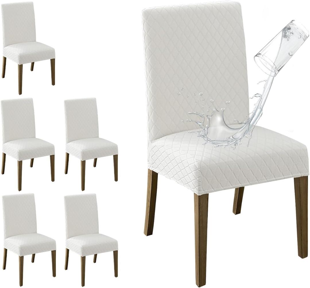 MOSAYT 100% Waterproof Dining Room Chair Covers Set of 6, Super Fit Stretch Jacquard Parson Chairs Slipcovers Removable Washable Chair Seat Protectors for Home, Kitchen, Banquet (White)