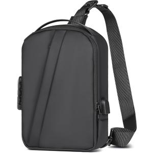 Geestock Men's Crossbody Sling Bag with Anti-Theft Password Lock, Waterproof Sling Backpack with USB Charging Port, PU Leather Chest Bag Casual Shoulder Bag (Black)