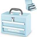 WORKPRO Portable Mini Tool Box, 2 Drawers Metal Tool Chest with Ball Bearing Slides, Top Storage with Latch, Ergonomic Carrying Handle, Mechanic Toolbox with PVC Liners and PP Feet Pads