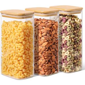 ComSaf 1.8 Qt Rectangle Glass Storage Containers with Lids, Glass Jars with Bamboo Lids, Clear Food Storage Jar, Sugar Coffee Containers, Pantry Storage Container for Pasta Rice Flour Oats Nuts Tea