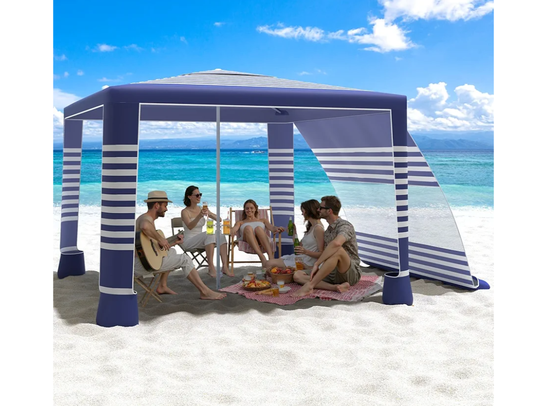 MoKo Beach Cabana, 8'×8' Large Beach Canopy with Side Wall, UPF 50+ Protection Easy Setup Beach Tent Sun Shelter, Adjustable Height Wind Resistant Cabana Beach Tent for Whole Family, Navy Stripes