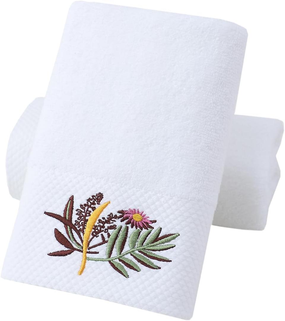 Pidada Hand Towels Set of 2 Embroidered Floral Pattern 100% Cotton Absorbent Soft Decorative Towel for Bathroom (White Pattern 1)