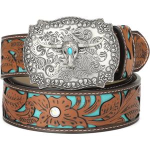 XZQTIVE Women Men Genuine Leather Belt Vintage Ladies Western Belt Engraved Tooled Leather Belt Cowboy Cowgirl Country Belt
