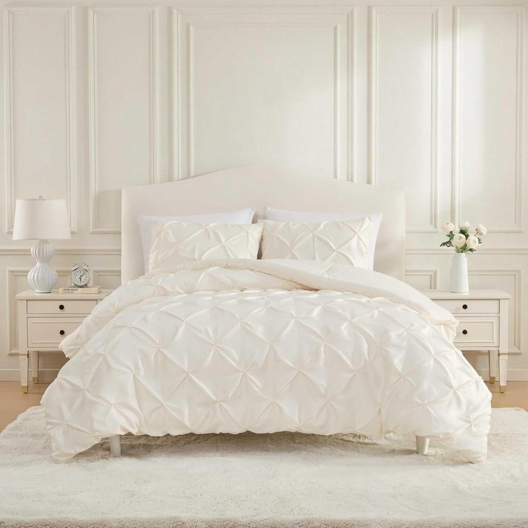 Laura Ashley - Queen Comforter Set, Satin Microfiber Bedding with Shams, Soft and Silky, Lightweight All-Season Comforter, Reversible Design, Solid Satin Pintuck Beige