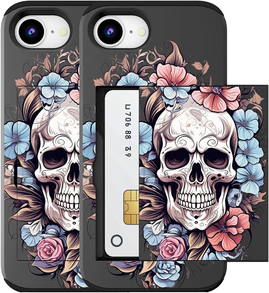 Compatible for iPhone 16e & 17e Case with Card Holder Cute - Kawaii Design Military-Grade Drop Protection Rugged Wallet Cases for Women (Black Skull Floral)