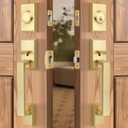 Brushed Gold Double Front Door Lock Set, Keyed Entry Front Door Handleset with Dummy, Square Heavy Duty Door Lever and Single Cylinder Deadbolt Combo, Satin Brass