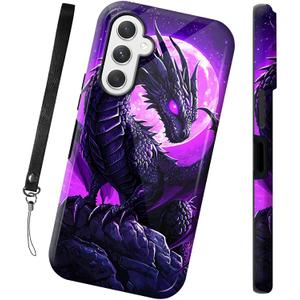 for Samsung Galaxy A16 5G Phone Case 6.7 Inch with Wrist Strap, Dual Layer Hard PC & Silicone Protective Design Heavy Duty Shockproof Glossy Cover for Women Men, Purple Moon Dragon