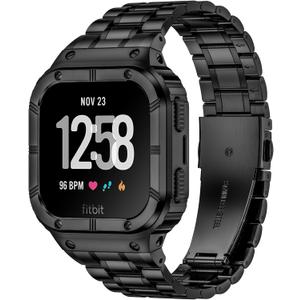BAITEYOU Stainless Steel Watch Band with Case Compatible for Fitbit Versa/Fitbit Sense Bands, Rugged Protective Bumper Metal Wristbands for Men Women
