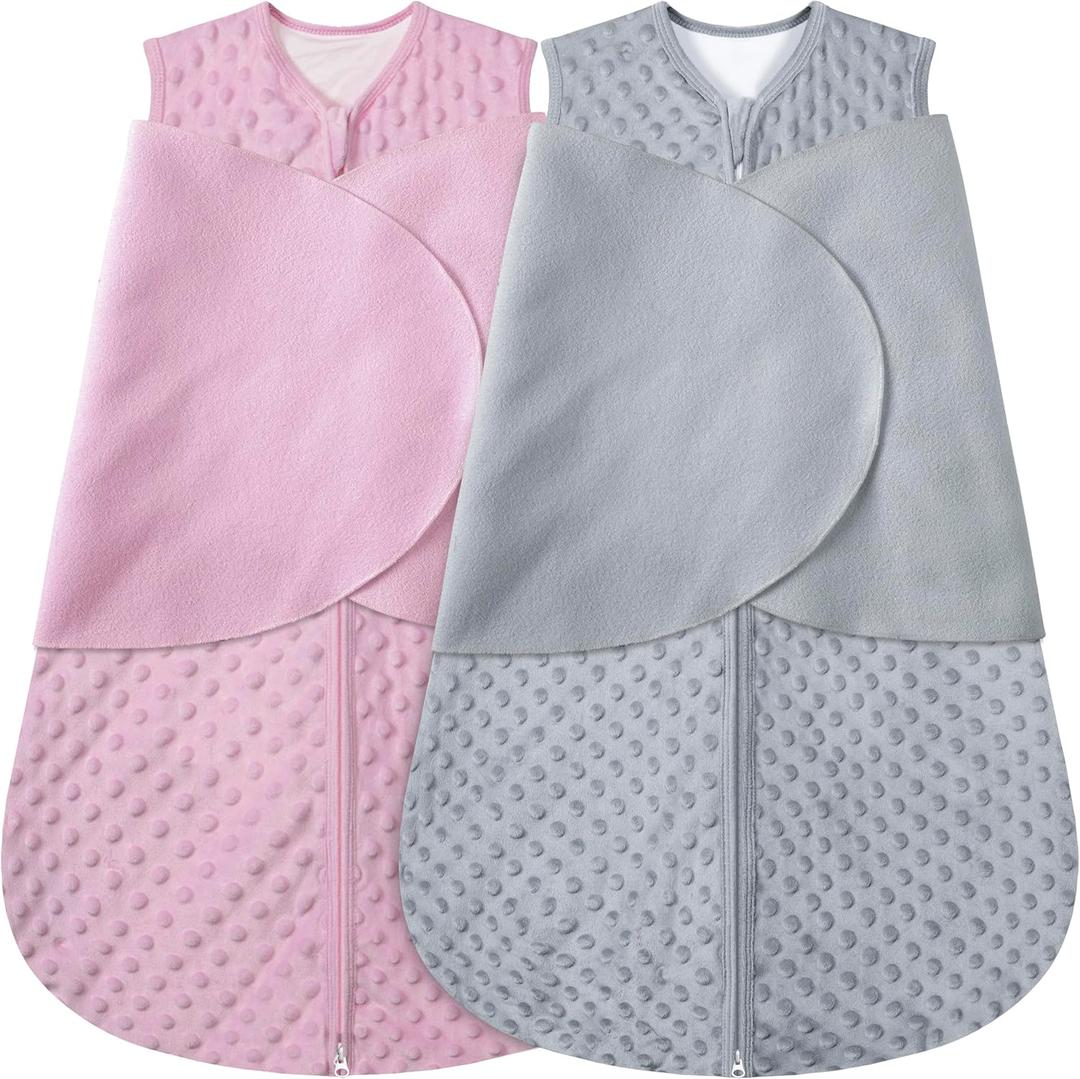 Fleece Newborn Sleep Sack Baby Swaddle,3-Way Adjustable Wearable Blanket,2 Pack Fleece Swaddling Sleeping Bag TOG 2.0 (Gray & Pink, 0-3 Months)