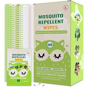 60 PCS Mosquito Repellent Wipes, Individually Wrapped Insect Repellent Wipes Made of Natural Plant-Based Essential Oils, Safe & Effective Insect Protection Perfect for Outdoor Activities, Long-Lasting