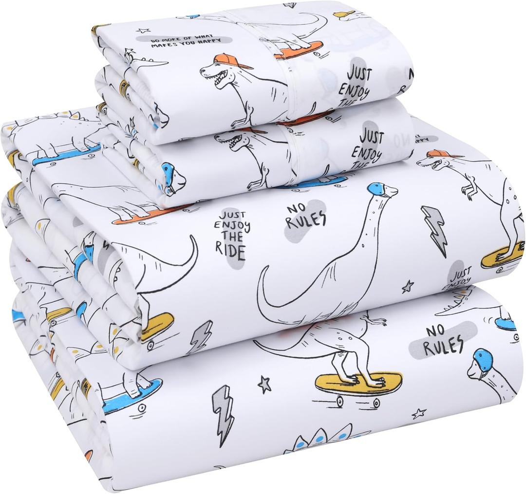 RUVANTI 100% Cotton Sheets  Queen Size Percale Bedding, Cooling & Breathable Floral Design, Durable with a Crisp, Soft & Comfortable Feel, 16" Deep Pocket, 4-Piece Set, Dino