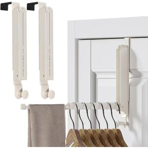 Over The Door Drying Rack, Foldable Portable Over The Door Hooks Hanger with Retractable Hanging Rod, Over The Door Clothes Drying Rack Equipped with Non-Slip Pads for Door Protecter (2, Milky White)