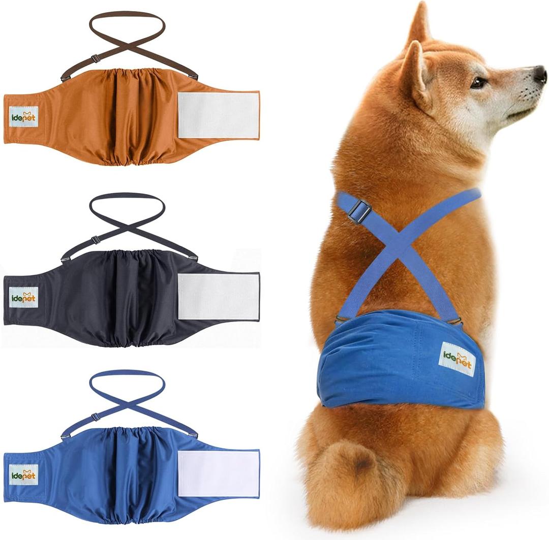 Idepet Belly Bands for Male Dogs with Suspender Detachable, 3 Pack Male Dog Belly Bands Washable Doggie Boy Diapers Reusable Male Pee Wraps for  Dog Medium