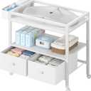 BOLUO Baby Changing Table with Storage, White Baby Dresser with Changing Table Top, Diaper Changing Station with 2 Fabric Drawers for Nursery Modern, Overall Dimension : 33.3"w X 17.7"d X 37.2" H