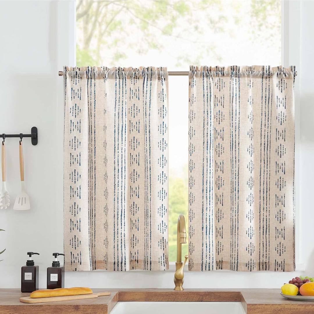 jinchan Boho Kitchen Curtains Linen Tier Curtains 45 Inches Bohemian Cafe Small Drapes Striped Mudcloth Farmhouse for Bathroom RV Camper Light Filtering Rod Pocket 2 Panels Blue on Beige