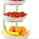 Fruit Bowl for Kitchen Counter - 3 Tier Ceramic Fruit Basket with Gold Metal Stand, Fruit Holder for Snacks, Nuts, Cakes, Desserts, Bread, Candy Storage (White)