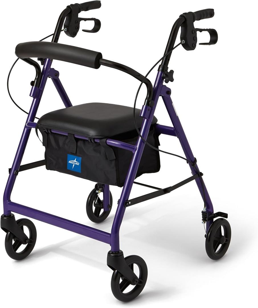 Medline Aluminum Rollator Walker with Seat, Purple, 250 lb. Weight Capacity, Lightweight, 6” Wheels, Foldable, Adjustable Handles, Rolling Walker for Seniors, Purple