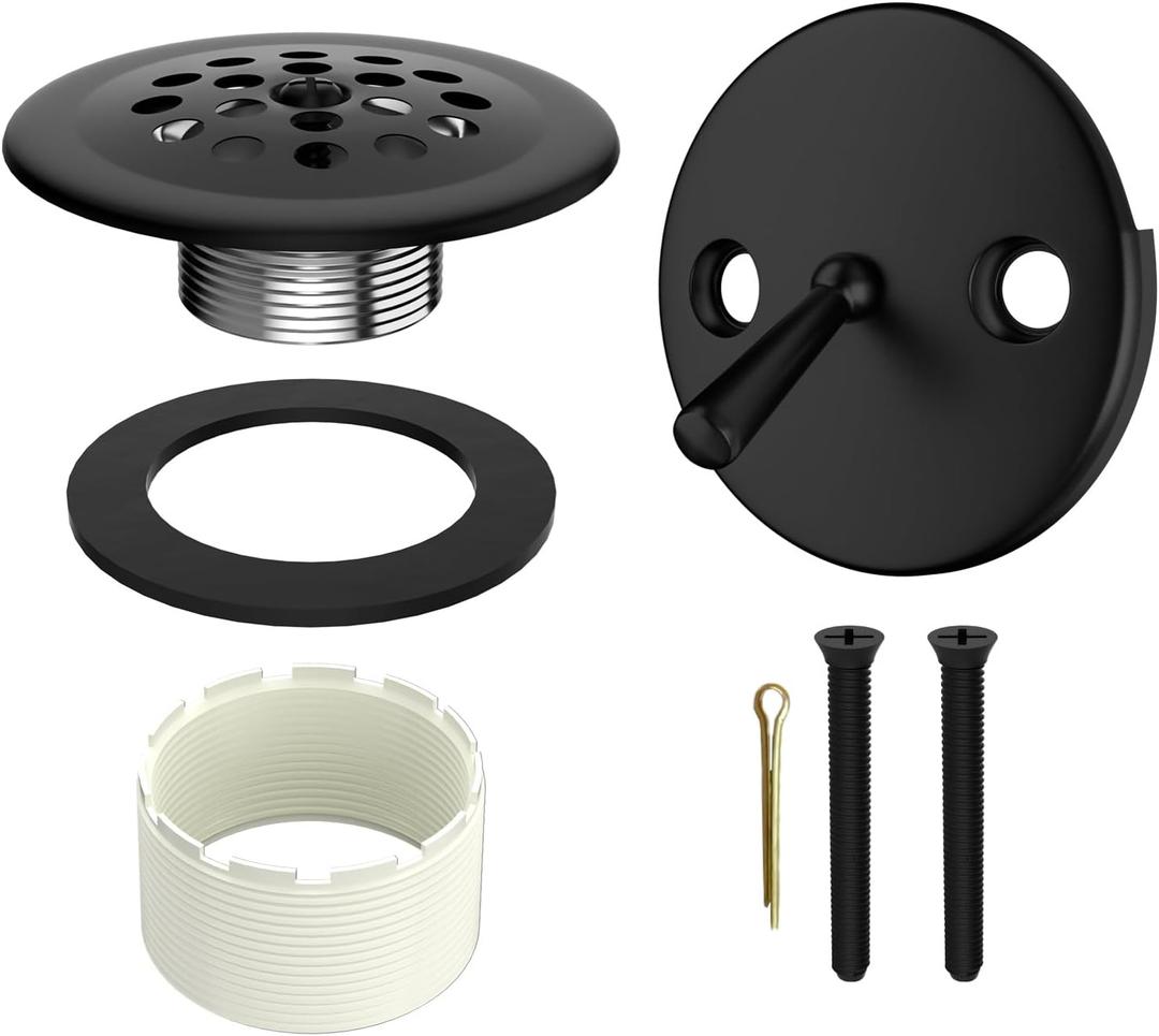 Trip Lever Tub Drain Kit, Bathtub Drains Stopper Replacement Set with Trip Lever Overflow Faceplate, Strainer, No Putty Gasket and Matching Screws (Matte Black)