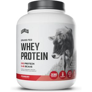 Levels Grass Fed Whey Protein Powder, No Artificials, 24G of Protein, Strawberry, 5LB | 24G of protein and 5.4G BCAAs per scoop, made with hormone-free dairy, zero junk, no fillers, no added sugar, certified clean (EXP 02/24/28)