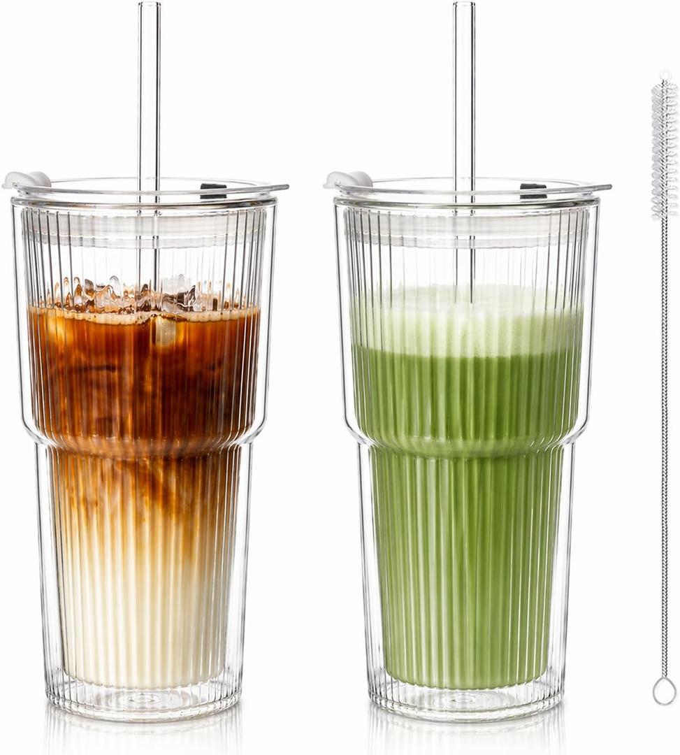 KEMORELA Iced Coffee Cups with Lids 20oz Ribbed Double Wall Glass Cups with Lids and Straws 2PCS, Coffee Bar Accessories Insulated Borosilicate Glass Tumblers, To Go Coffee Cups, Spill proof tumbler