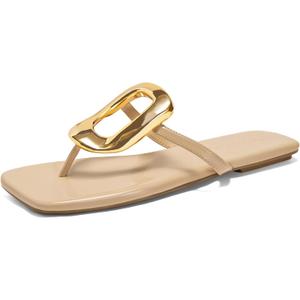 Coutgo Womens Flat Sandals Comfortable Flip Flops Slide Sandals Summer Beach Shoes with Metal Decoration (Beige), Size 8