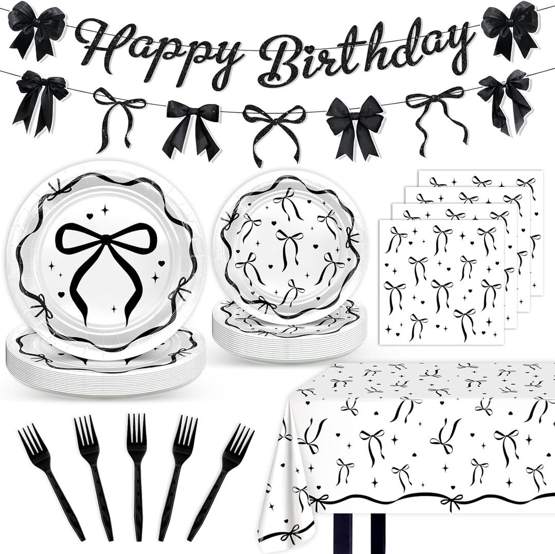 Black Bow Birthday Decorations Elegant Coquette Party Supplies Black White Bow Banner Garland Plates and Napkins Tablecloth Set Serve 24 for Women Girls