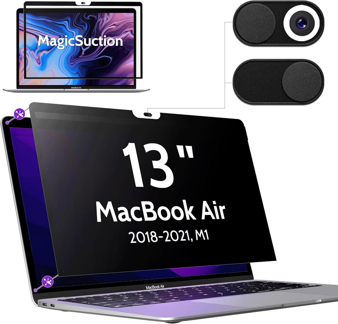 Peslv Privacy Screen for MacBook Air 13 Inch (2018-2021, M1) & MacBook Pro 13 In (2016-2022, M1, M2), MagicSuction Removable Anti Spy Black Protector, Glare Blue Light Filter for Mac Laptop Computer