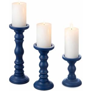 Set of 3 Navy Blue Candle Holders Rustic Farmhouse Mango Wood Candlestick Holder Large Pillar Candle Stand Vintage Antique Home Decor for Table Centerpieces Fireplace Mantel, 12", 9", 6" H