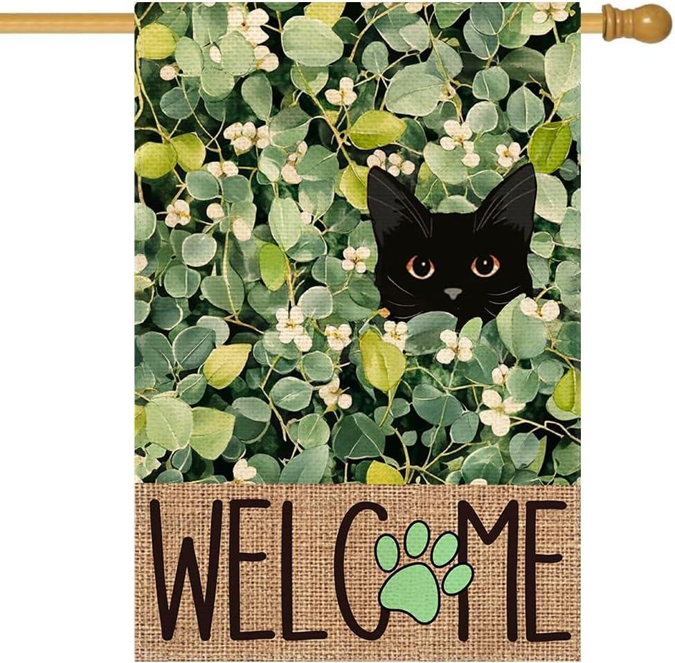 RABUSOFA Spring Summer Floral House Flag 28x40 Inch Double Sided Outside,Small Eucalyptus Black Cat Welcome Seasonal Holiday Yard Outdoor Decorations Large (Green)