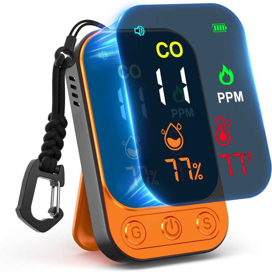 Portable Carbon Monoxide Detectors, 3 in 1 CO Monitor with Kickstand & Lanyard Gas Alarm [CO Temperature Humidity Sensor] 1000mah Battery for Indoor Outdoor Camping Travel RV Hotel (Orange)