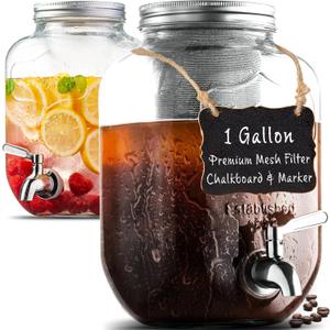 1 Gallon Cold Brew Coffee Maker - 3rd Generation Fine Mesh Filter - Stainless Steel Spigot - Extra Thick Large Glass Mason Jar Drink Dispenser Carafe, Iced Coffee Maker & Sun Tea Pitcher with Infuser.